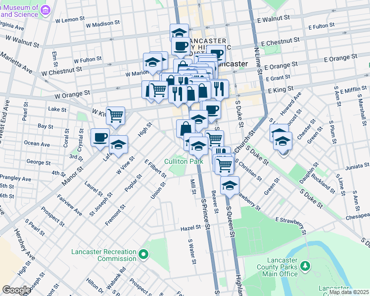 map of restaurants, bars, coffee shops, grocery stores, and more near 131 South Water Street in Lancaster