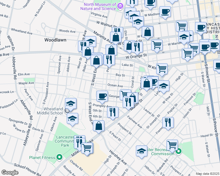 map of restaurants, bars, coffee shops, grocery stores, and more near 26 Ocean Avenue in Lancaster