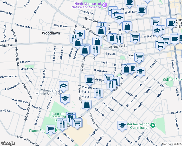 map of restaurants, bars, coffee shops, grocery stores, and more near 232 Pearl Street in Lancaster