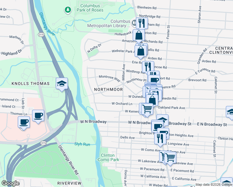 map of restaurants, bars, coffee shops, grocery stores, and more near 183 Northmoor Place in Columbus