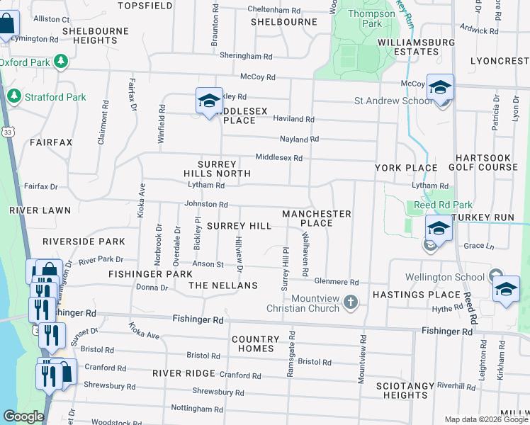 map of restaurants, bars, coffee shops, grocery stores, and more near 2264 Johnston Road in Columbus