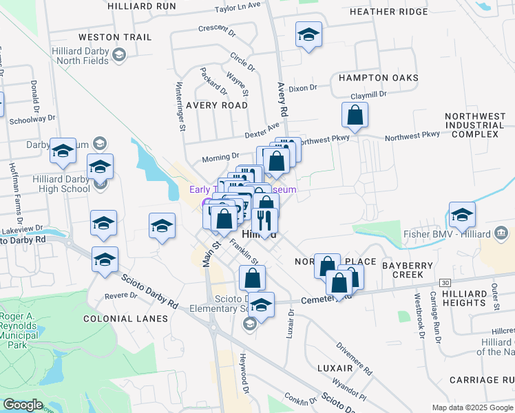 map of restaurants, bars, coffee shops, grocery stores, and more near 4066 Main Street in Hilliard