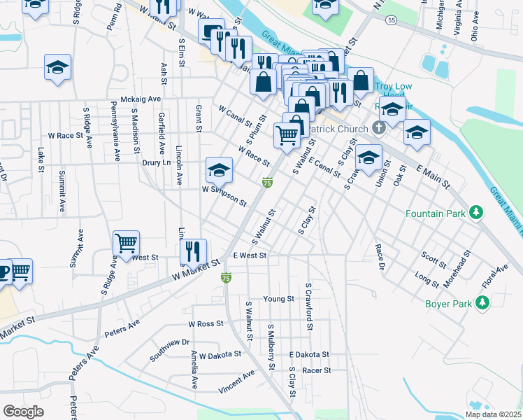 map of restaurants, bars, coffee shops, grocery stores, and more near 433 South Market Street in Troy