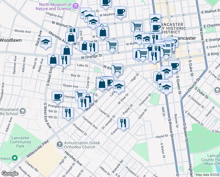 map of restaurants, bars, coffee shops, grocery stores, and more near in Lancaster