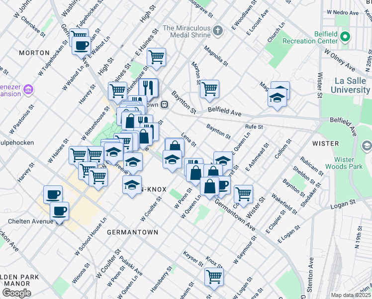 map of restaurants, bars, coffee shops, grocery stores, and more near 51 East Earlham Street in Philadelphia
