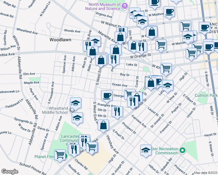 map of restaurants, bars, coffee shops, grocery stores, and more near 232 Pearl Street in Lancaster
