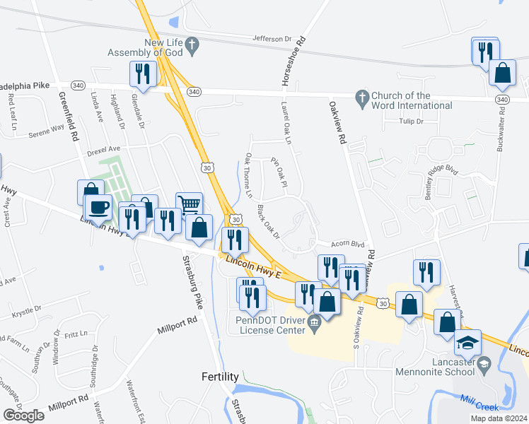 map of restaurants, bars, coffee shops, grocery stores, and more near 283 Black Oak Drive in Lancaster