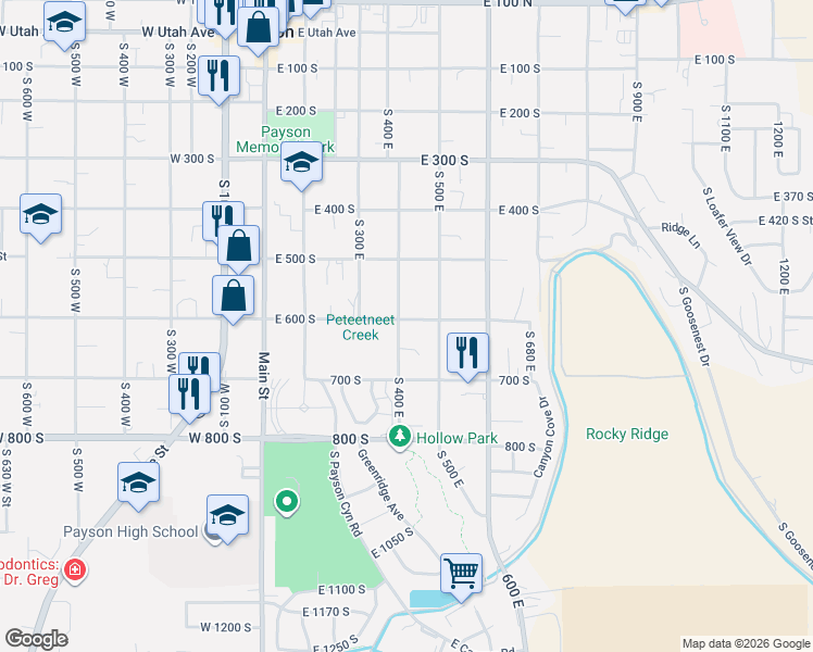map of restaurants, bars, coffee shops, grocery stores, and more near 420 East 600 South in Payson