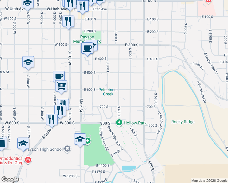 map of restaurants, bars, coffee shops, grocery stores, and more near 388 East 600 South in Payson