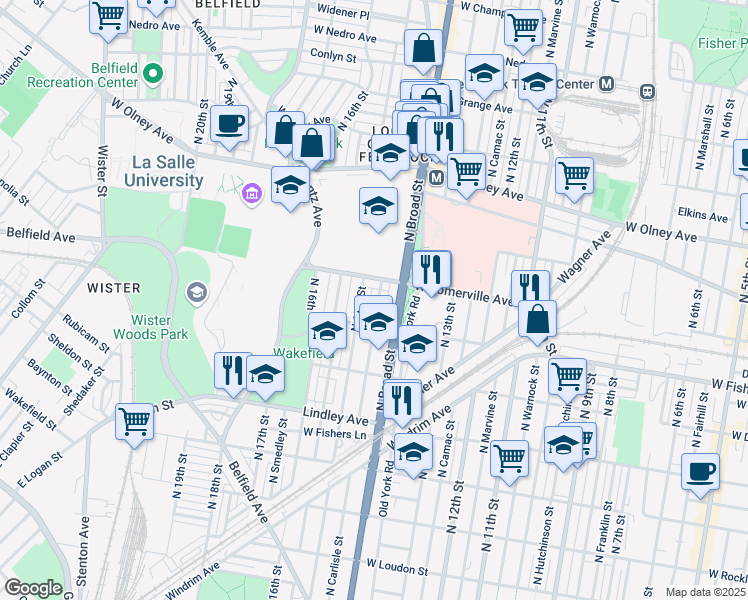 map of restaurants, bars, coffee shops, grocery stores, and more near 5332 North Carlisle Street in Philadelphia