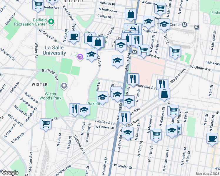 map of restaurants, bars, coffee shops, grocery stores, and more near 5328 N 15th St in Philadelphia
