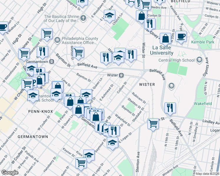 map of restaurants, bars, coffee shops, grocery stores, and more near East Ashmead Street in Philadelphia