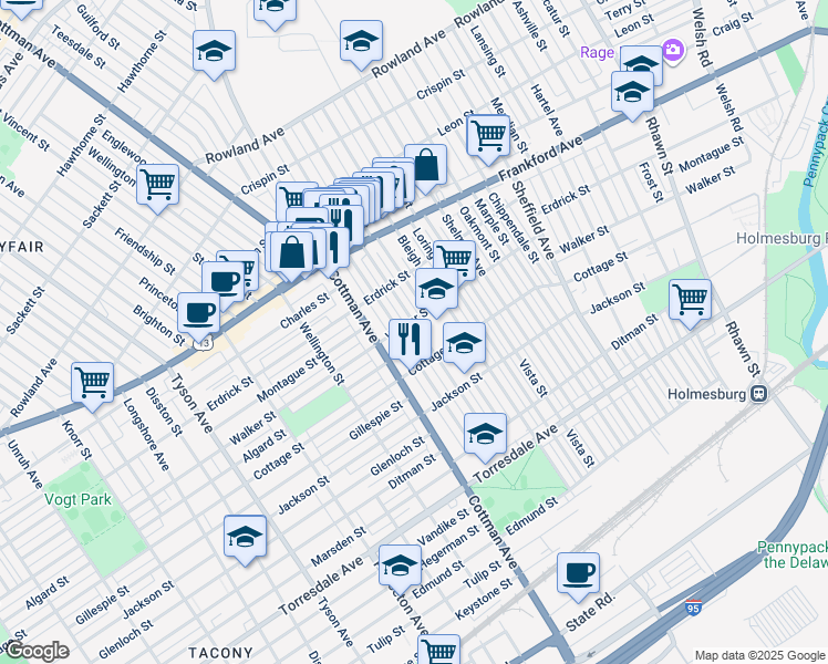 map of restaurants, bars, coffee shops, grocery stores, and more near 4308 Aldine Street in Philadelphia