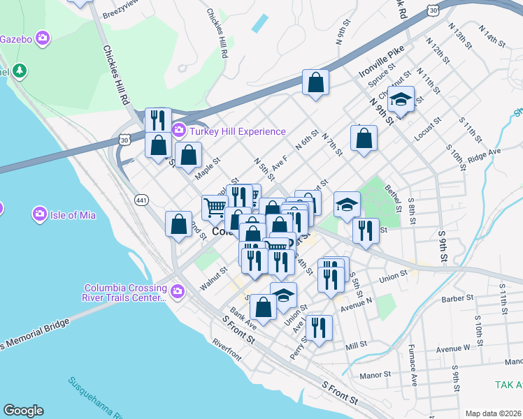 map of restaurants, bars, coffee shops, grocery stores, and more near 149 North 4th Street in Columbia
