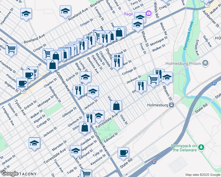 map of restaurants, bars, coffee shops, grocery stores, and more near 4439 Shelmire Avenue in Philadelphia