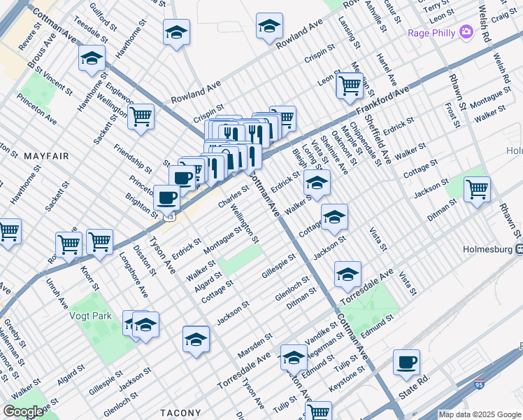map of restaurants, bars, coffee shops, grocery stores, and more near 7236 Montague Street in Philadelphia