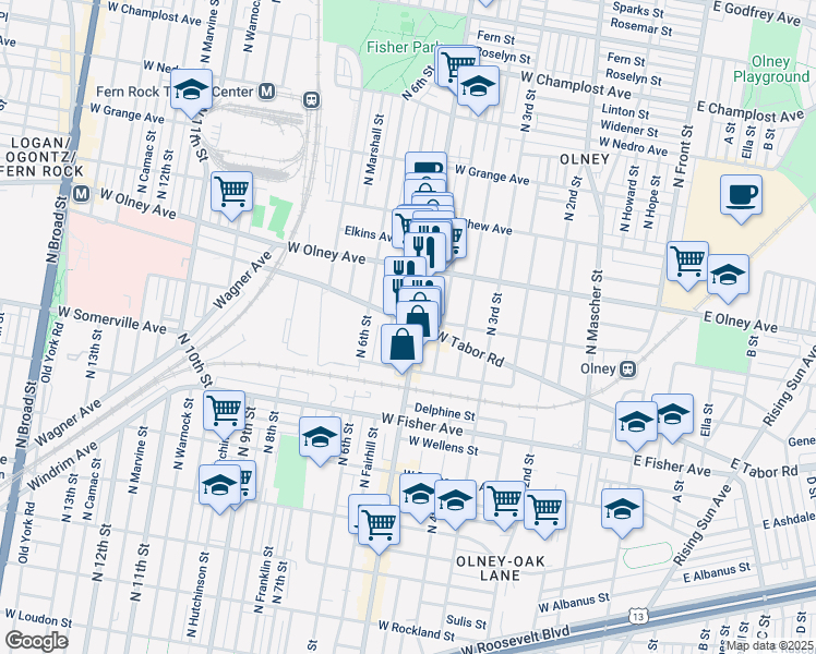 map of restaurants, bars, coffee shops, grocery stores, and more near 5440 N 5th St in Philadelphia