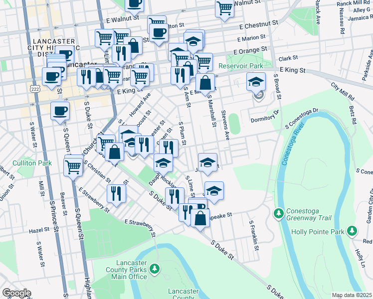 map of restaurants, bars, coffee shops, grocery stores, and more near 25 Dauphin Street in Lancaster