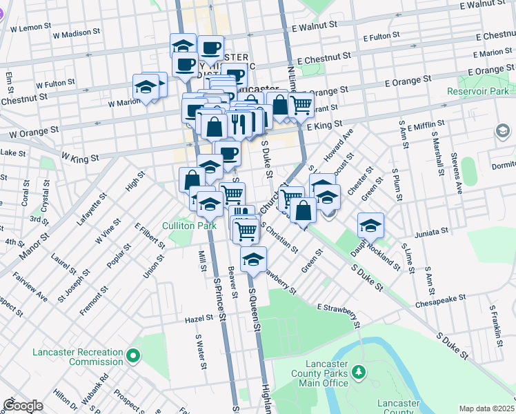map of restaurants, bars, coffee shops, grocery stores, and more near 26 East Farnum Street in Lancaster
