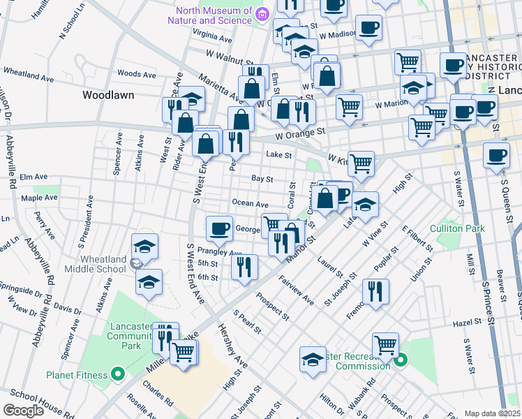 map of restaurants, bars, coffee shops, grocery stores, and more near 644 2nd Street in Lancaster