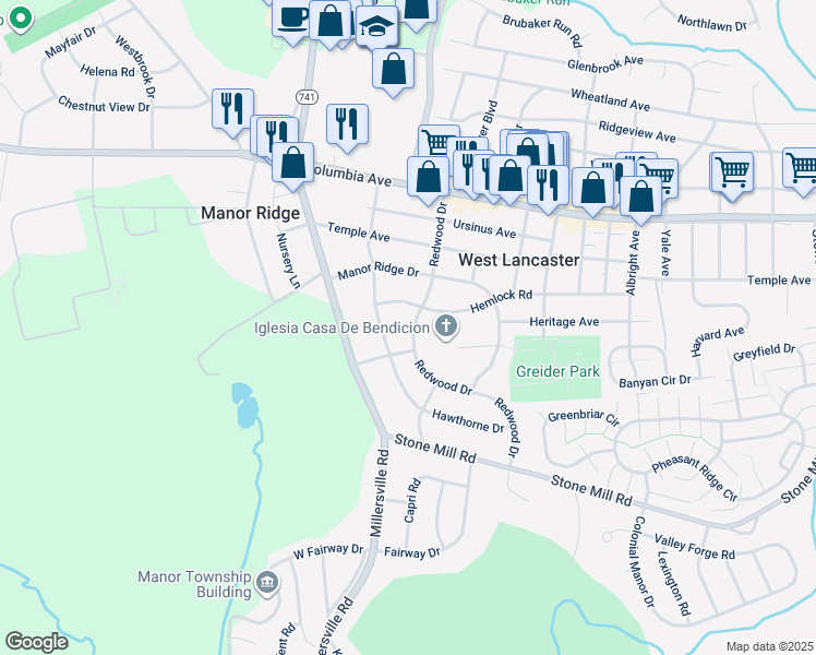map of restaurants, bars, coffee shops, grocery stores, and more near 258 Redwood Drive in Lancaster