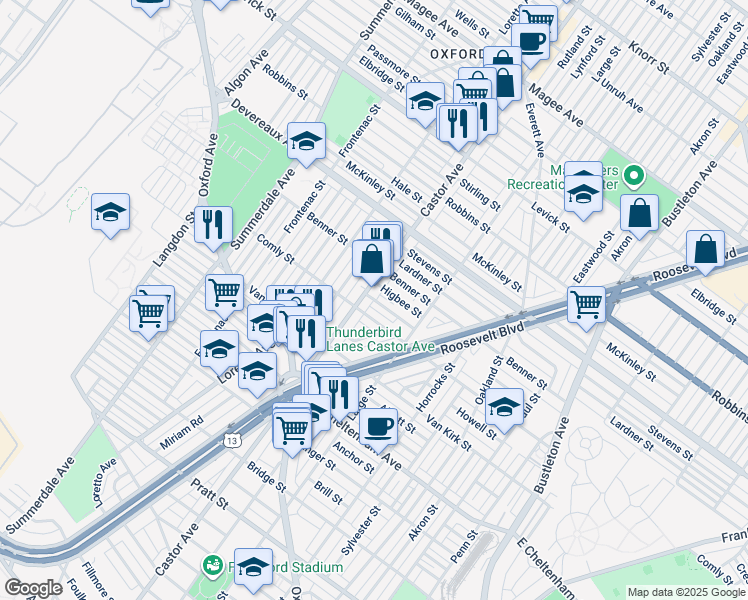 map of restaurants, bars, coffee shops, grocery stores, and more near 1409 Creston Street in Philadelphia