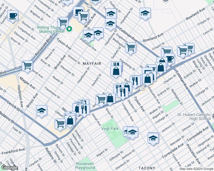map of restaurants, bars, coffee shops, grocery stores, and more near 3250 Disston Street in Philadelphia