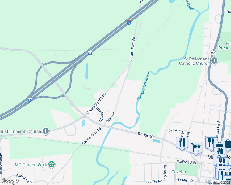 map of restaurants, bars, coffee shops, grocery stores, and more near 823 County Road 1625 North in Monticello
