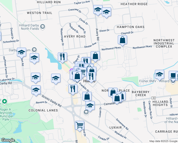 map of restaurants, bars, coffee shops, grocery stores, and more near 4066 Main Street in Hilliard