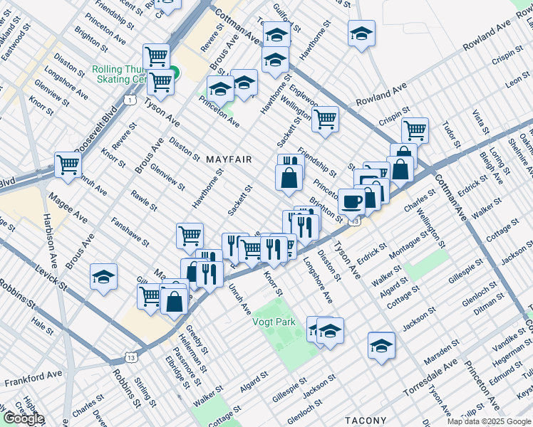 map of restaurants, bars, coffee shops, grocery stores, and more near 3250 Disston Street in Philadelphia
