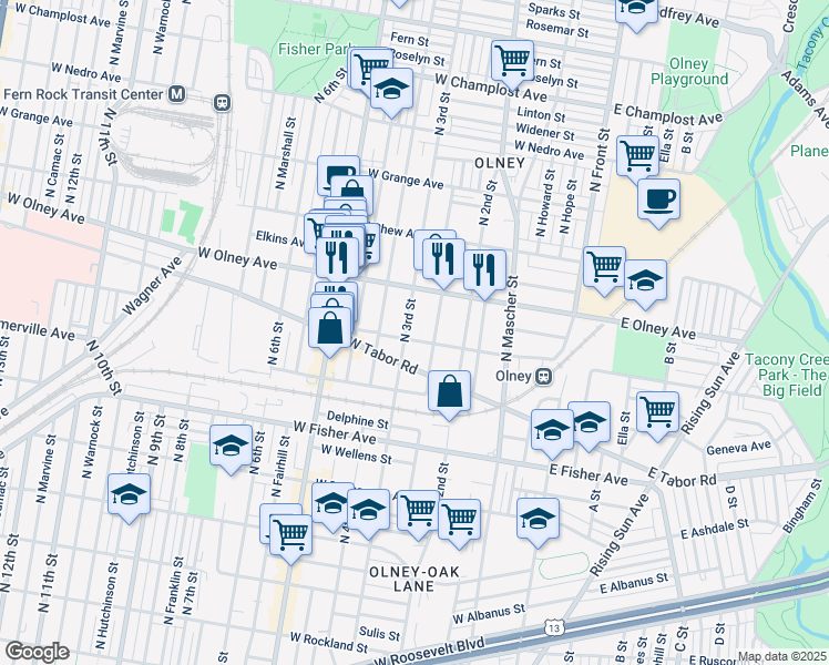 map of restaurants, bars, coffee shops, grocery stores, and more near 5505 North 3rd Street in Philadelphia