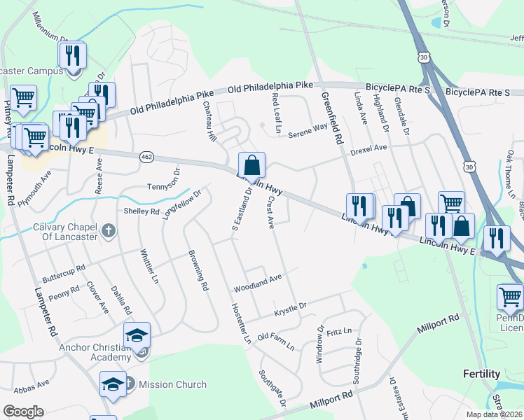 map of restaurants, bars, coffee shops, grocery stores, and more near 13 South Eastland Drive in Lancaster