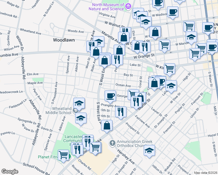 map of restaurants, bars, coffee shops, grocery stores, and more near 822 Ocean Avenue in Lancaster