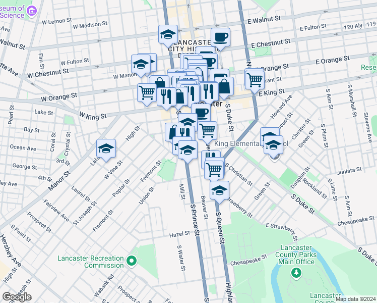 map of restaurants, bars, coffee shops, grocery stores, and more near 49 West Farnum Street in Lancaster