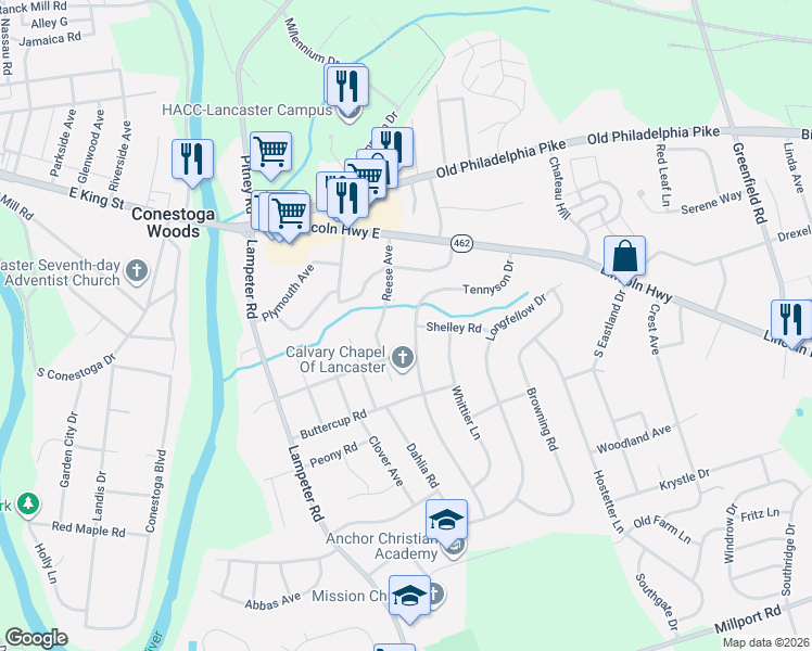 map of restaurants, bars, coffee shops, grocery stores, and more near 125 Reese Avenue in Lancaster