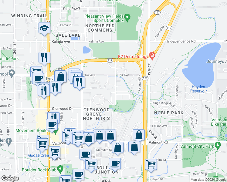 map of restaurants, bars, coffee shops, grocery stores, and more near 3386 Hickok Place in Boulder