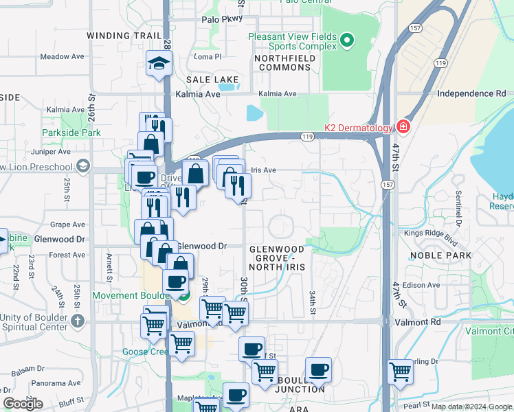 map of restaurants, bars, coffee shops, grocery stores, and more near 3050 Corona Trail in Boulder