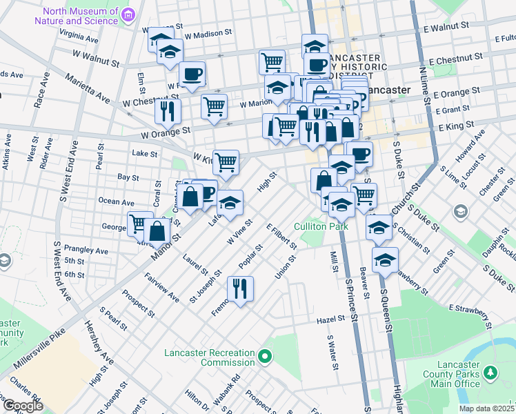 map of restaurants, bars, coffee shops, grocery stores, and more near 463 1/2 West Vine Street in Lancaster