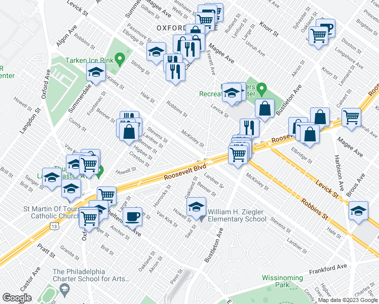 map of restaurants, bars, coffee shops, grocery stores, and more near 1550 Devereaux Avenue in Philadelphia
