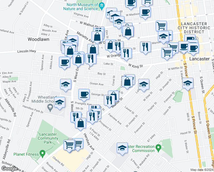 map of restaurants, bars, coffee shops, grocery stores, and more near 630 Ocean Avenue in Lancaster