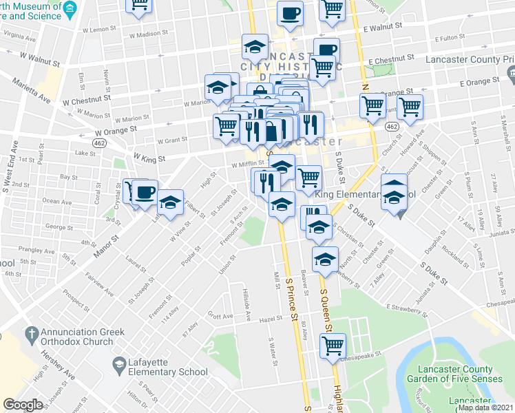 map of restaurants, bars, coffee shops, grocery stores, and more near 261 West Strawberry Street in Lancaster