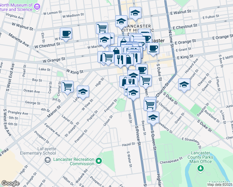 map of restaurants, bars, coffee shops, grocery stores, and more near 411 South Arch Street in Lancaster