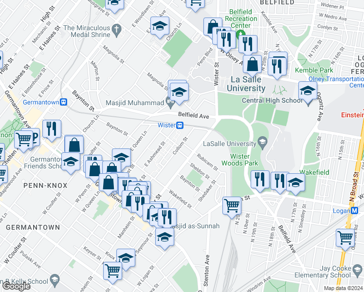 map of restaurants, bars, coffee shops, grocery stores, and more near 5124 Rubicam Street in Philadelphia