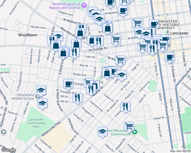map of restaurants, bars, coffee shops, grocery stores, and more near 214 Coral Street in Lancaster