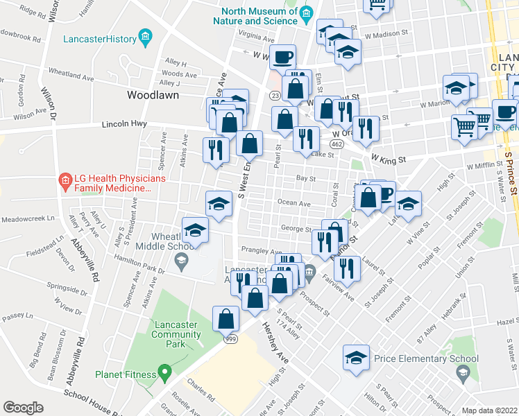 map of restaurants, bars, coffee shops, grocery stores, and more near 821 3rd Street in Lancaster