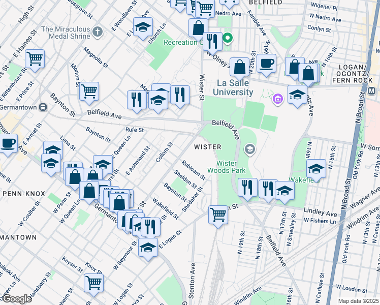 map of restaurants, bars, coffee shops, grocery stores, and more near 424 East Wister Street in Philadelphia
