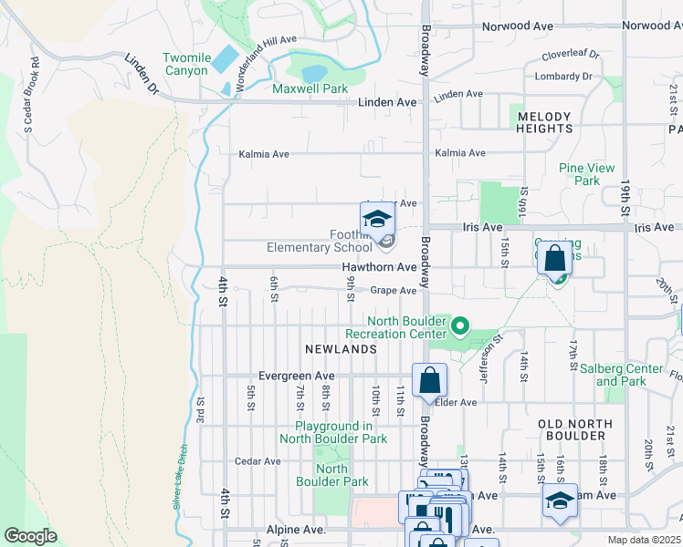 map of restaurants, bars, coffee shops, grocery stores, and more near 806 Hawthorn Avenue in Boulder