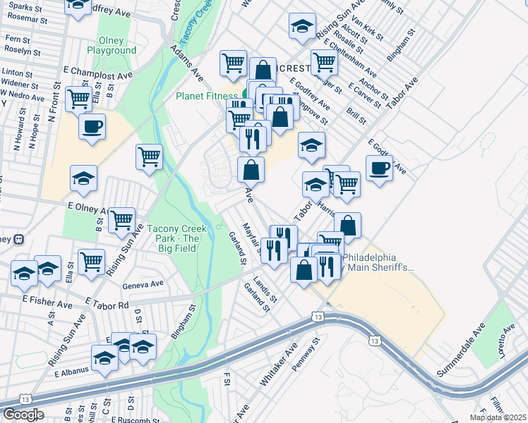 map of restaurants, bars, coffee shops, grocery stores, and more near 609 Adams Avenue in Philadelphia