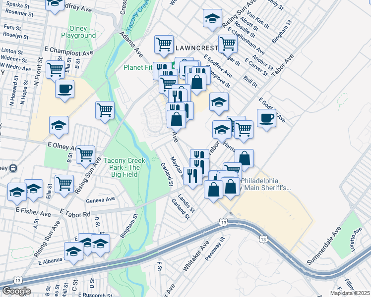 map of restaurants, bars, coffee shops, grocery stores, and more near 609 Adams Avenue in Philadelphia
