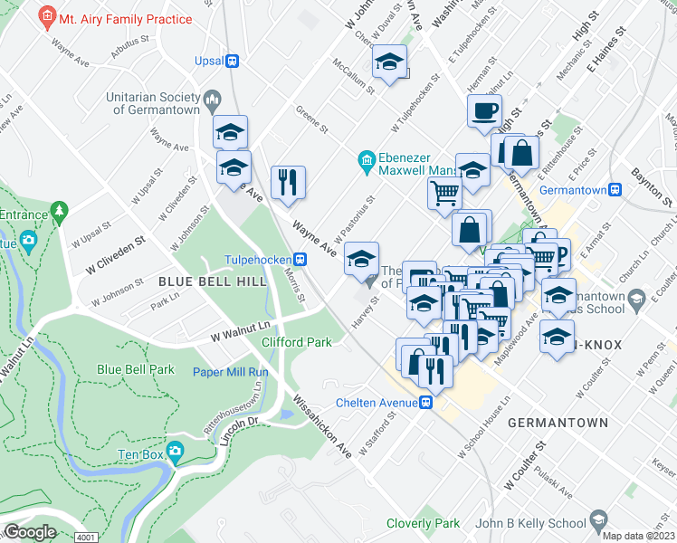 map of restaurants, bars, coffee shops, grocery stores, and more near 401 West Walnut Lane in Philadelphia